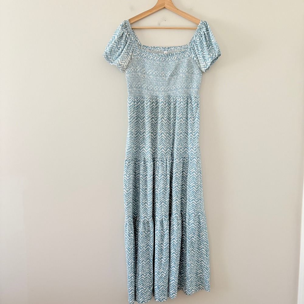 Daily Practice Anthropologie Maxi Dress S Blue Chevron Smocked Tiered Boho